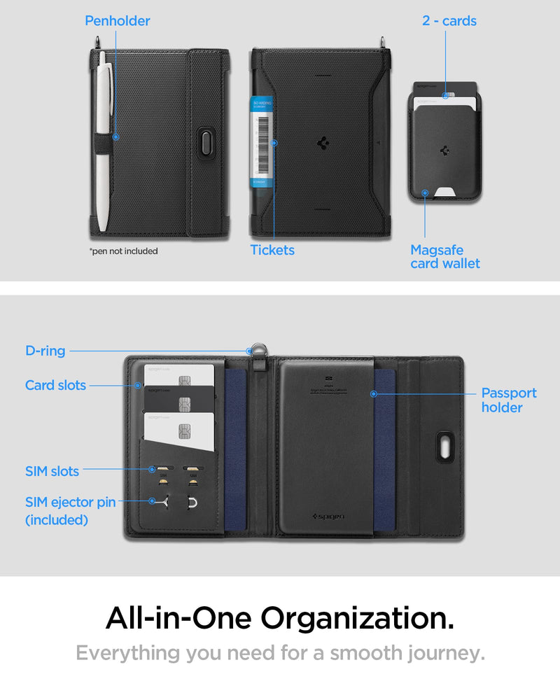 Spigen Life Passport Card Cover Holder, RFID Blocking | Travel Document Organizer, SIM Card Pin Included - Black Black - with MagSafe Card Holder