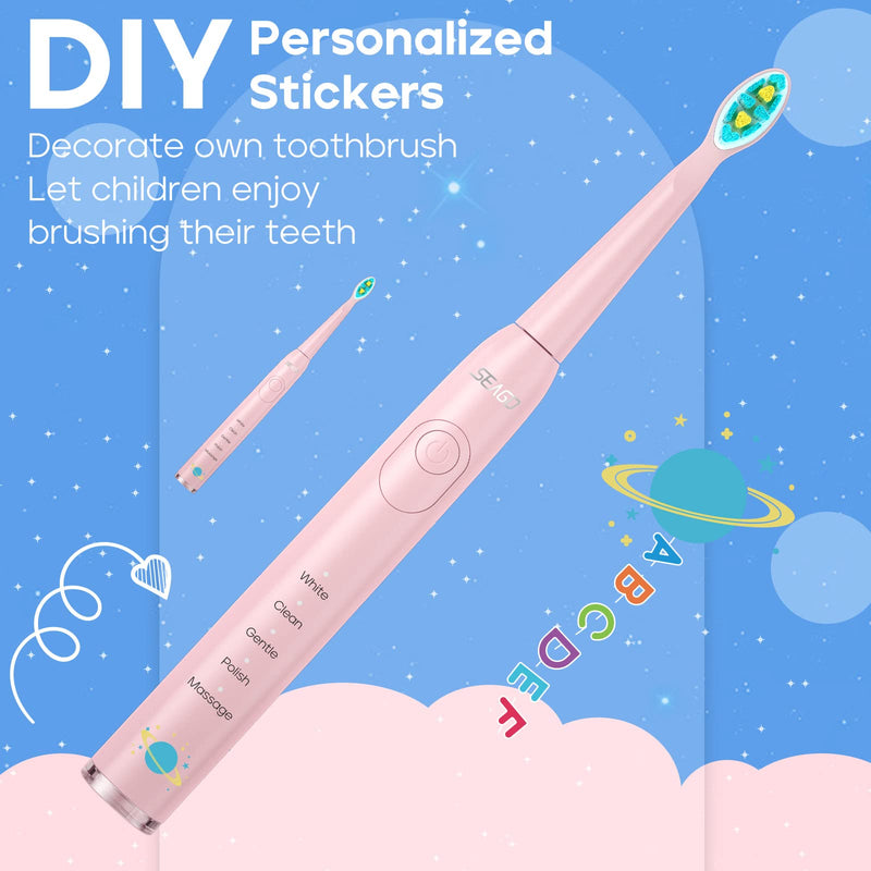 [Australia] - SEAGO Kids Electric Toothbrush, Sonic Soft Bristle Rechargeable Toothbrushes with DIY Stickers, 5 Modes, includes 4 Replacement Brush Heads, Ages 3 to 12 Years Old (Pink) Pink 