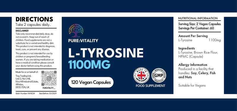 Pure Vitality | L-Tyrosine Supplement 1100mg - Free Form Amino Acid - 120 Vegan Capsules - Fermented High Strength L Tyrosine Supplement - No Artificial Preservatives