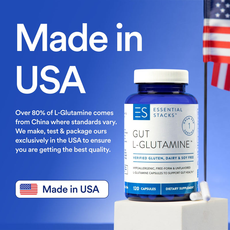 [Australia] - Essential Stacks Gut L-Glutamine Capsules 1000mg (Made in USA) - Gluten, Dairy & Soy Free, Non-GMO L Glutamine for Gut Health - 60 Serves (120 Caps) 