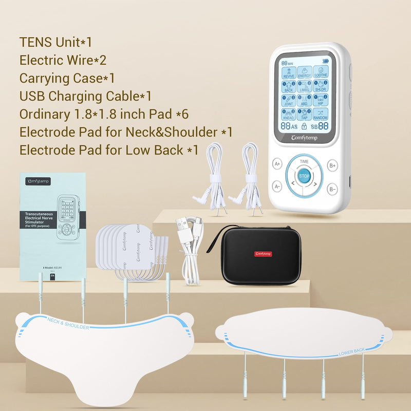 Comfytemp TENS Unit with Specialized Pads for Lower Back & Neck Shoulder Pain Relief, Easy-to-Use TENS Unit Muscle Stimulator with Large Display, Portable Dual Channel TENS Machine with Carrying Case