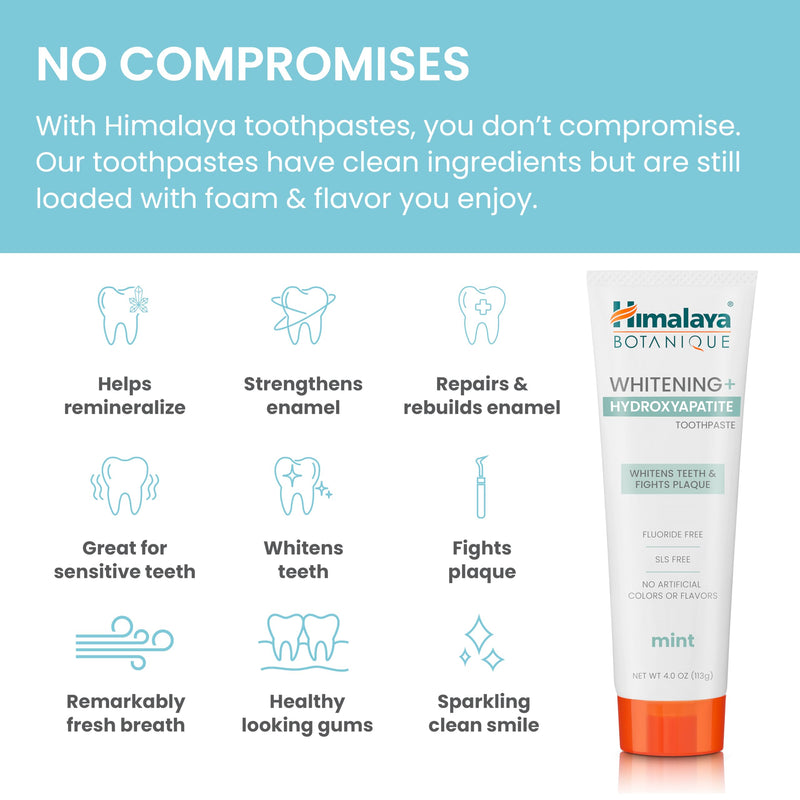 Himalaya Botanique Whitening + Hydroxyapatite Toothpaste, Mint Flavor - Nano Hydroxyapatite to Support Remineralization and Restore Enamel to Strengthen Teeth - Vegan, Gluten Free, 4 oz (Pack of 2) 4 Ounce (Pack of 2)
