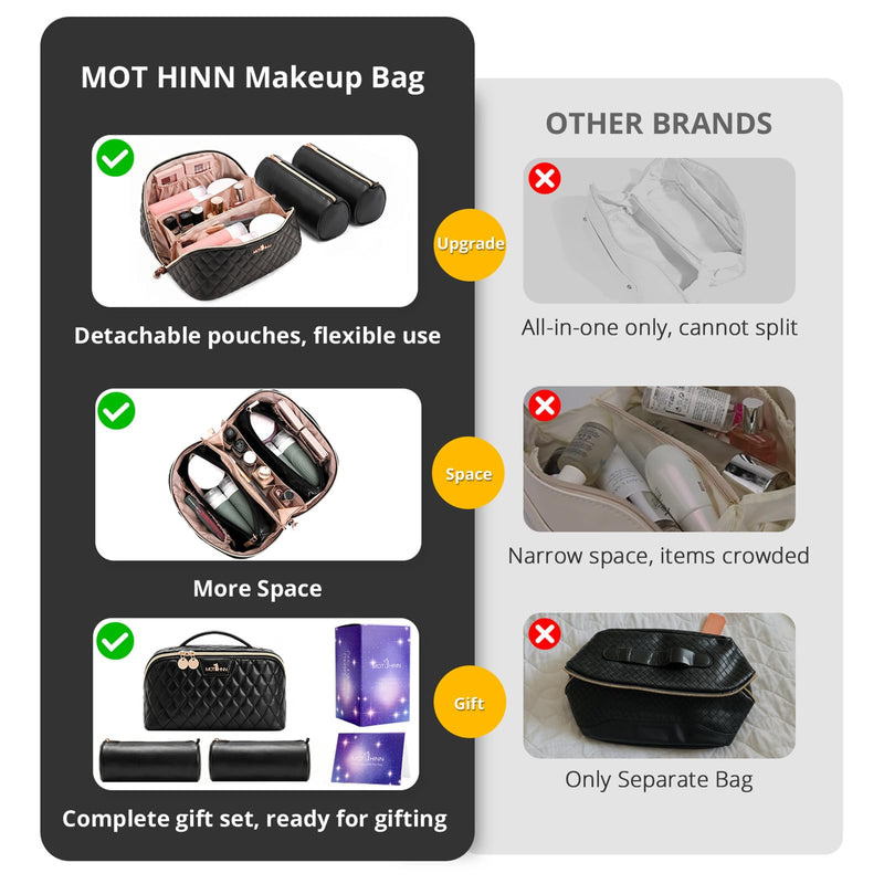 Travel Makeup Bags Cosmetic Organizer: 3Pcs Set Puffy Make up Bag for Women | Black Premium Quilted ELEGANCE Design | Large Capacity Leather Toiletry Bags | Wide Open Compact Case for Travel Essentials 01 Black