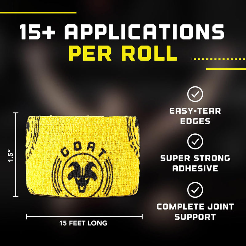 Goat Tape Super Stretchy Thumb Tape - Weightlifting Hook Grip Tape & WOD Tape for Cross Training, Gym Workout Tape, Athletic Finger Wrap - Flexes with Every Move, 2 Black 2 Yellow Rolls