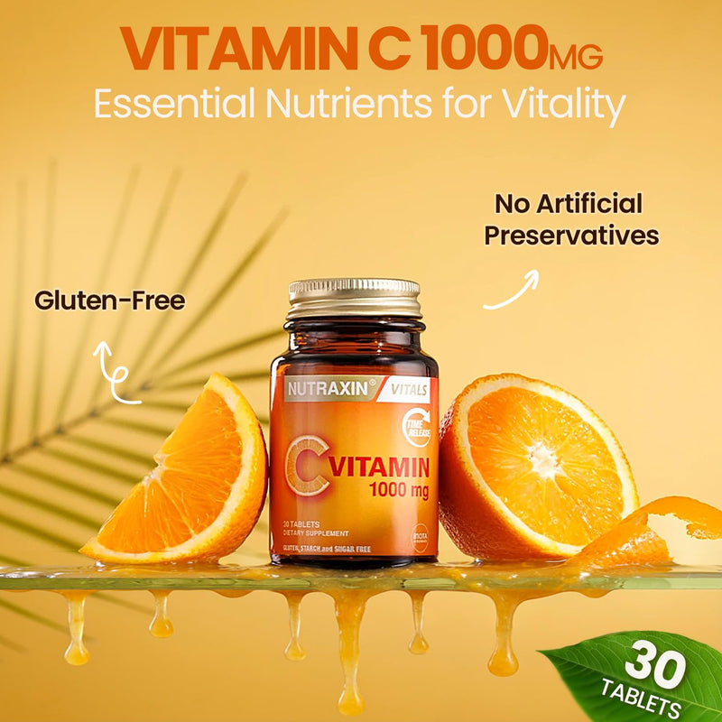 Nutraxin Vitamin C Tablets, 1000mg - Time-Release Formula for Immune Support with Rosa Canina & Citrus Bioflavonoids - Non-GMO, Gluten-Free, No Additives - 30 Tablets for Daily Health & Wellness Vitamin C Tablets – 30 Tablets