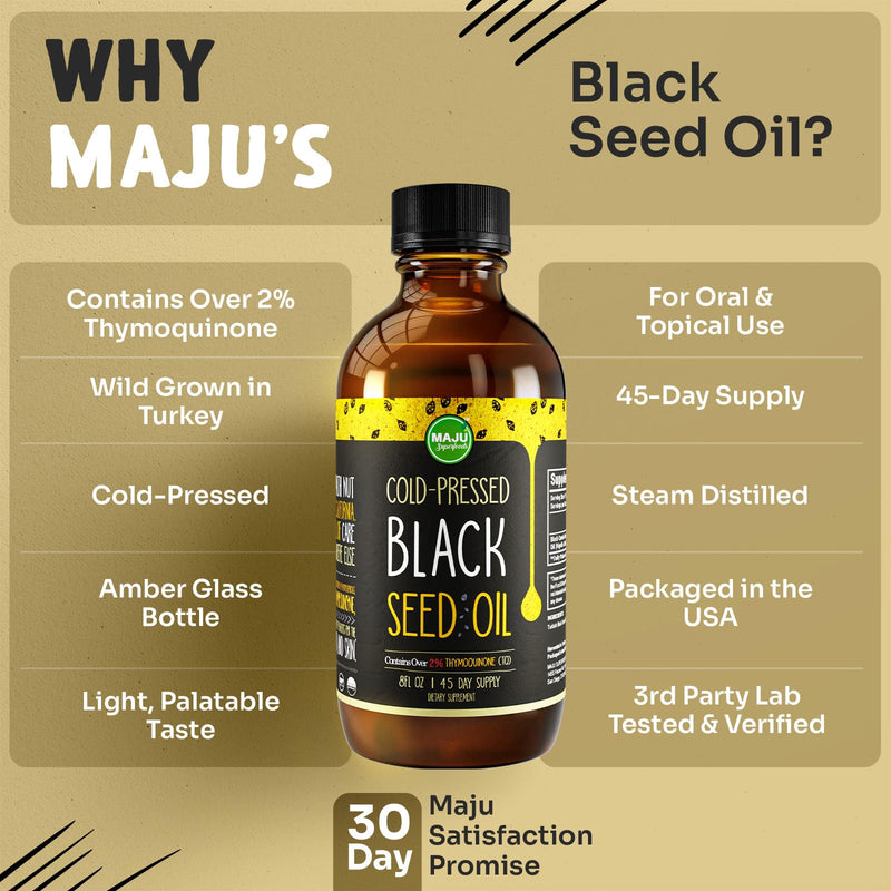 [Australia] - MAJU Black Seed Oil - 3 Times Thymoquinone, Cold-Pressed, 100% Turkish Black Cumin Seed Oil, Liquid Pure Blackseed Oil, Glass Bottle, 8 oz 8 Fl Oz (Pack of 1) 