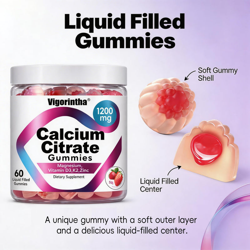 Calcium Citrate Gummies 1200mg with Magnesium,Vitamin D3, K2, Calcium Supplements for Women & Men- Easy to Digest, Vegan, Gluten Free,Sugar Free- Strawberry Flavor, 120 Calcium Gummies 60 Count (Pack of 2)