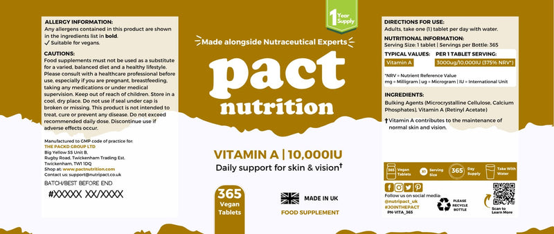 Vitamin A 10,000 IU – 365 Easy to Swallow Tablets (1 Year Supply) - High Strength Vitamin A Supplement for Normal Skin, Vision, Eyes & Immune System – Vegan