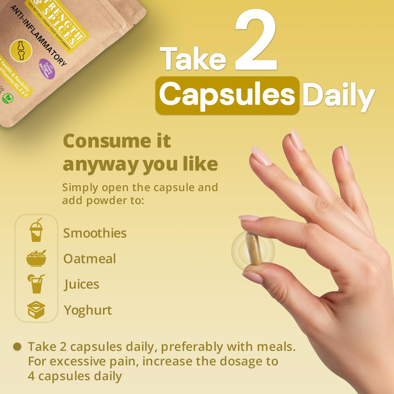 Strength & Spices Anti-inflammatory, Muscle and Joint Care Supplements for Mobility and Recovery, Turmeric Capsules with 28 Powerful Ingredients, Vegan and All-Natural, 1000mg, 60 Capsules, Refill Paper Bag
