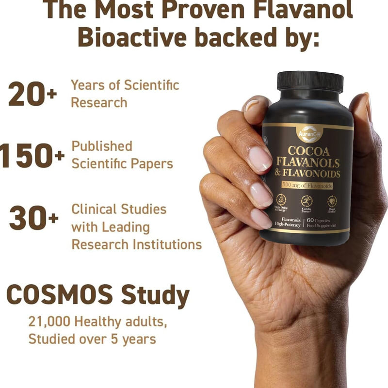 High Flavanol Cocoa Powder, Cocoa Cardio Health Supplement, 500mg Cocoa Flavanols, Support Heart Health, Boost Nitric Oxide, Blood Circulation, Energy, Vegan, Dark Chocolate, 60 Capsules