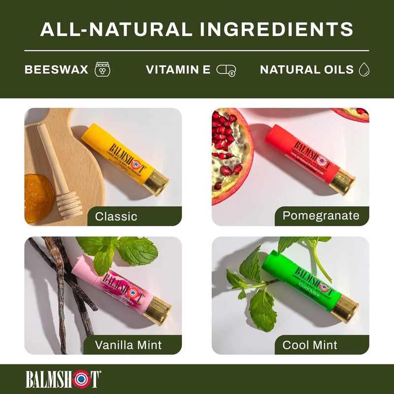 BALMSHOT Lip Balm - Multipack of four (4) SPF 15 Beeswax Chapstick with Aloe & Vitamin E, PABA Free - 20-Gauge Brass Shotgun Shell Tube – Heat Resistant, Long Lasting Lip Moisturizer – Made in USA