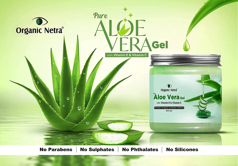 Organic Netra Pure Aloe Vera Gel With Vitamin C & E | Cold Pressed | For Skin, Face, Hair | Paraben Free | Sulphate Free - 200 gm