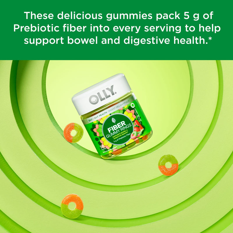 OLLY Fiber Gummy Rings, 5g Prebiotic Fiber, FOS (Fructo-oligosaccharides), Digestive Support & Hello Happy Gummy Worms, Mood Balance Support, Vitamin D, Saffron, Adult Chewable Supplement