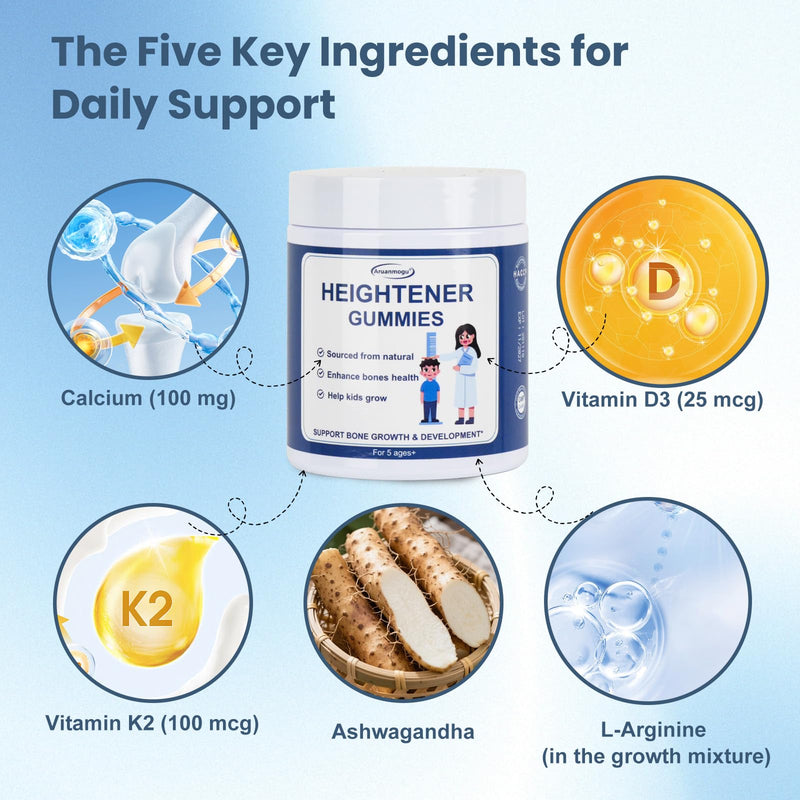 Heightener Growth Gummies 60 Count - Natural Growth Supplement for Children and Adolescents - Bone-Strengthening Vitamins (Contains Vitamins D3，K2，Calcium) - Tall Nutrition