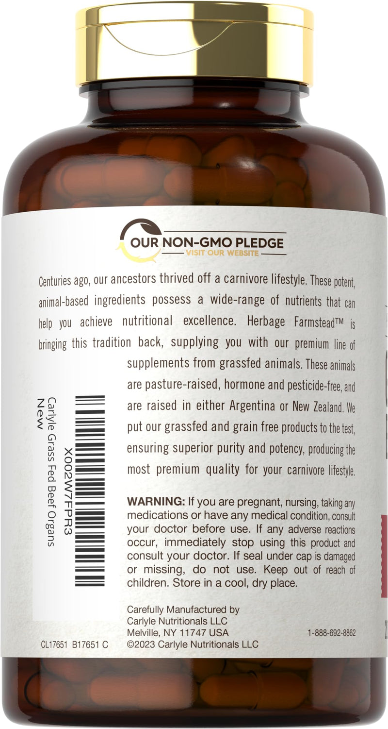 [Australia] - Carlyle Grass Fed Beef Organ Complex | 200 Capsules | Pasture Raised, Grain Free Supplement | with Desiccated Liver, Kidney, Pancreas, Heart, Spleen | Non-GMO, Gluten Free | by Herbage Farmstead 