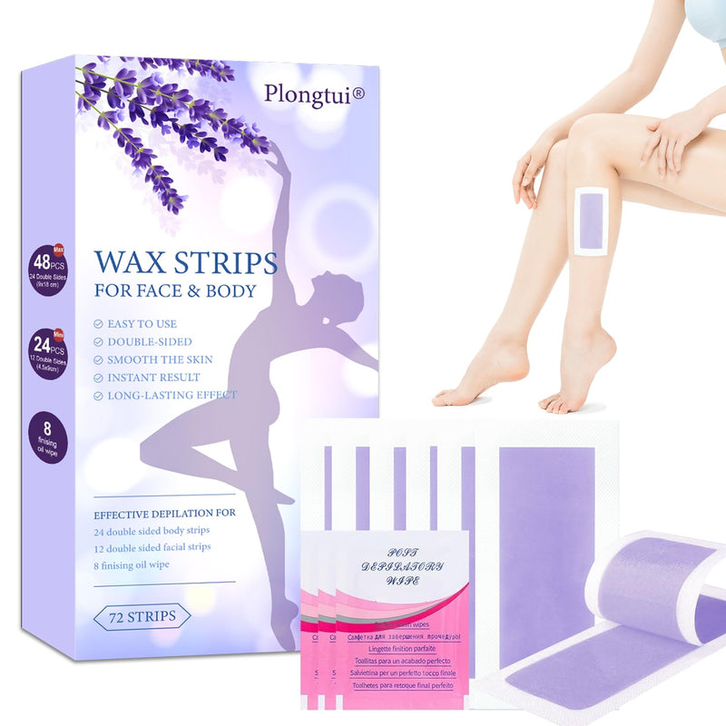 [Australia] - 72PCS Wax Strips for Hair Removal, 48 Body & 24 Face Wax Strips with 8 calming Oil Wipes, At Home Waxing Kit for Women & Men - Body, Arms, Legs, Back, Bikini & Brazilian, Hypoallergenic All Skin Types 1 Count (Pack of 72) 