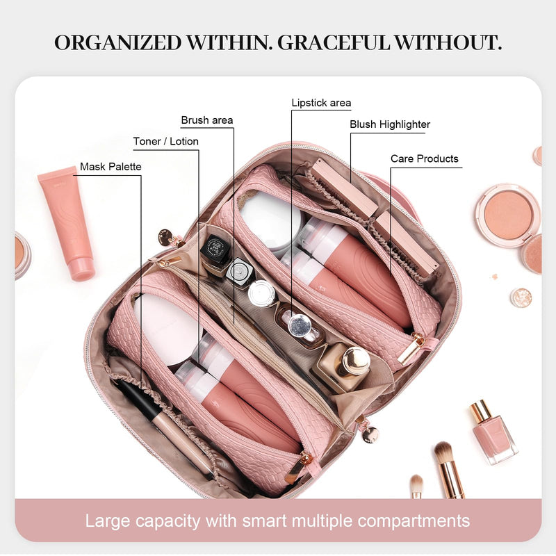 Travel Makeup Bag for Women: 3 Pcs Set Vagen Leather Make up Bag Hand-made | Large Capacity Toiletry Organizer Bag - Waterproof Ladies Travel Flat Open Essentials for Luxury (01Pink) 01Pink Travel Makeup Bag