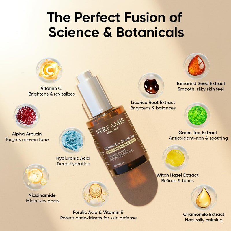 Streamis Skincare: Vitamin C + Green Tea Hydrating & Brightening Face Serum - With Niacinamide, Vitamin E, Hyaluronic Acid, Ferulic Acid & Powerful Botanical Extract Blend, Fragrance Free, 30ml.
