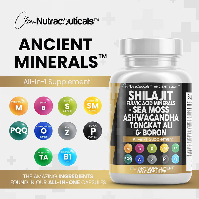 [Australia] - Shilajit Supplement 10,000mg with Sea Moss 6000mg, Ashwagandha 6000mg, Tongkat Ali, Boron, Magnesium - Fulvic Acid Capsules for Men - 90 Count 