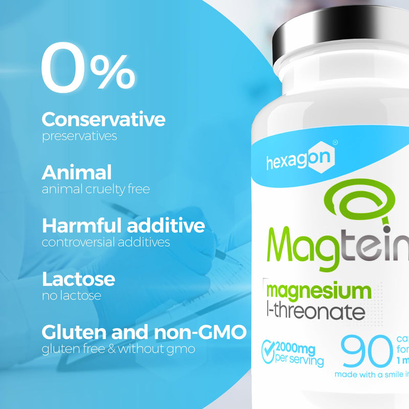 Magnesium L-Threonate Magtein® 2000mg - Memory, Mental Clarity, Restorative Sleep - Optimal Cerebral Assimilation - Patented Form from MIT - 90 Vegan Capsules - +1 Month Cure - Hexagon