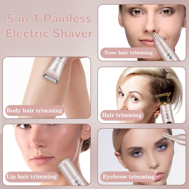 Bikini Trimmer for Women, 5 in 1 Painless Electric Shaver, Waterproof Wet & Dry Body Shaver, Rechargeable Pubic Hair Trimmer for Women,Replaceable Lady Razor for Underarm Leg Arm Body (5 in 1)