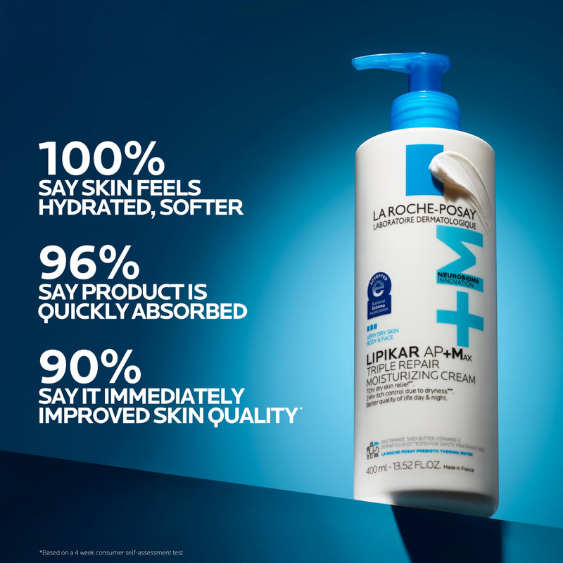 La Roche-Posay Lipikar AP+Max Triple Repair Moisturizing Body Cream,13.52oz | Face and body lotion for dry skin with shea butter and niacinamide to help moisturize and support the skin barrier.