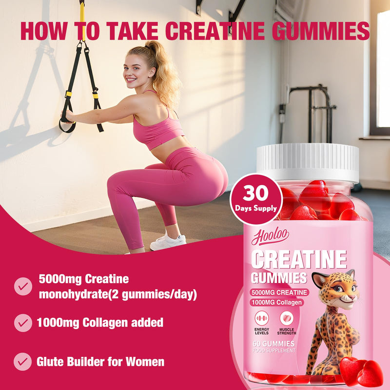 Creatine Gummies 5000mg Creatine Monohydrate with 1000mg Collagen (1 Month Supply) for Men & Women, Vegan & Sugar-Free, Easy Pre/Post Workout Gym Support for Performance and Muscle Power (60 Count) 60 count (Pack of 1)