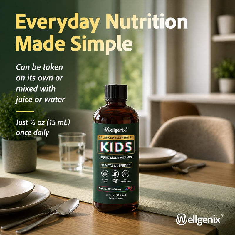 Wellgenix Balanced Essentials Kids Liquid Multivitamin, 16 Fl Oz | 94 vital nutrients, vitamins, minerals, and omega 3-6-9 in a mixed berry liquid picky eaters enjoy, no gummies or pills 1