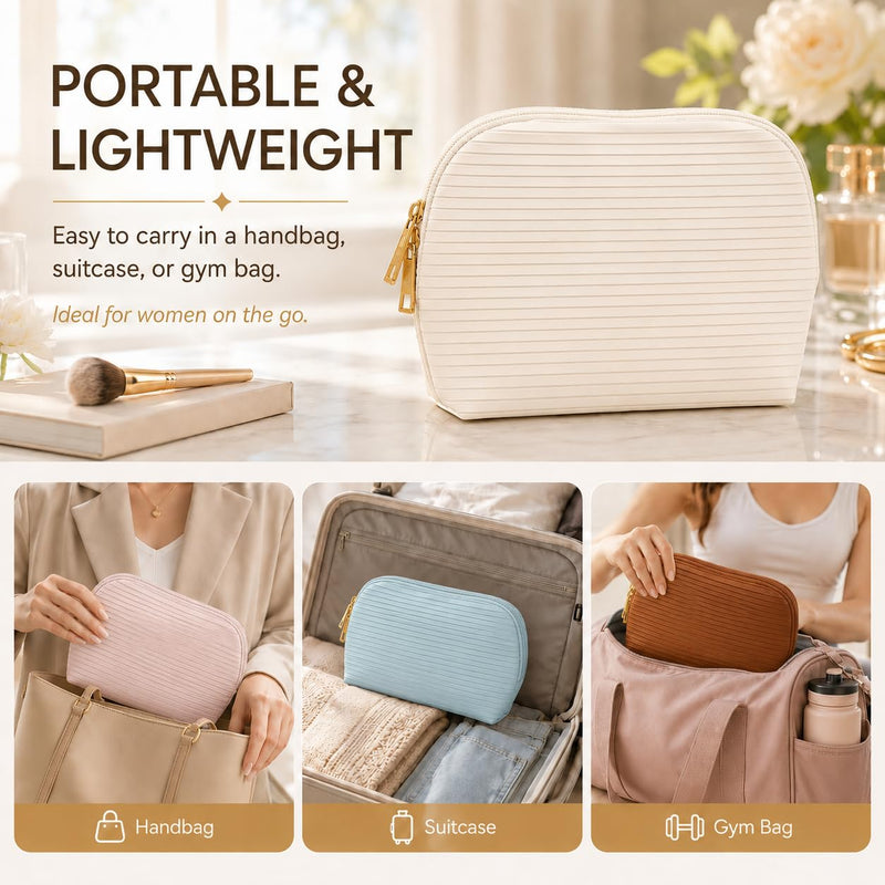Waterproof Fold-Down Travel Makeup Bag for Women, Cosmetic Organizer with Multi-pocket, Stand Toiletry Bag (Basic Version, Cream Beige, Medium)