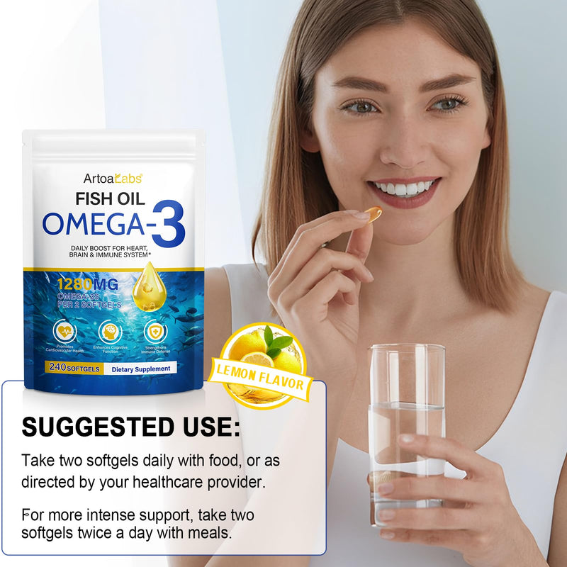 Omega 3 Fish Oil 1280mg Capsules,240 Softgel(4 Months Supply),High Strength Pure Omega 3 Fish Oil,Supports Heart,Brain Function and Eye Health,No Gluten