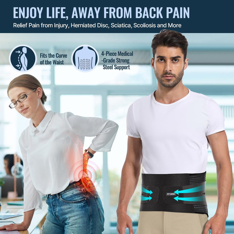 [Australia] - Fit Geno Back Brace for Lower Back Pain Relief - Lumbar Support for Men & Women, Supportive Breathable and Adjustable Weight Lifting Belt for Herniated Discs, Heavy Lifting - L/XL Black 