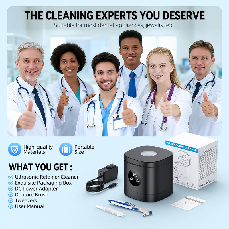 [Australia] - TEBAL Ultrasonic Retainer Cleaner Machine, 52kHz Ultrasonic Denture Cleaner for Night Guards, Braces, Toothbrush Heads, Jewelry and More, Ultrasonic Cleaner for Retainers with 250ML Capacity, Black 