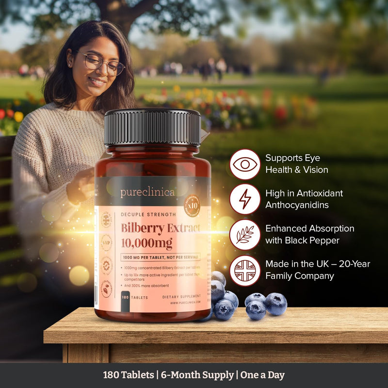 Pureclinica Bilberry Extract 1000mg (10:1) per Tablet – with Black Pepper Extract – 180 Tablets – High Strength – 6 Month Supply 180 count (Pack of 1)