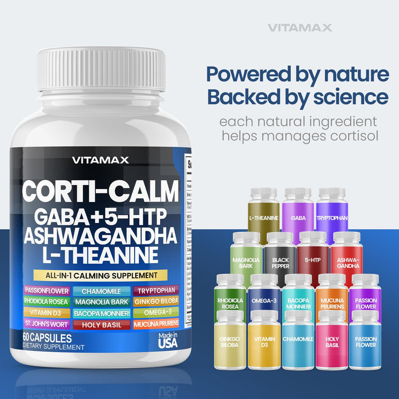 Corti-Calm Cortisol Supplement, L Theanine, Ashwagandha, Vitamin D 3, GABA for Relaxation, Fatigue & Focus with Ginkgo Biloba, Bacopa Monnieri, 5-HTP – Non-GMO, Made in USA – 60ct