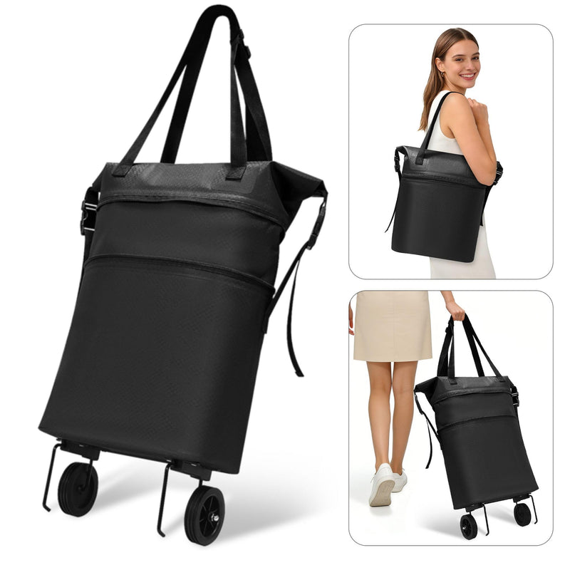 Rolling Duffle Bag with Wheels, Expandable Travel Duffle, Foldable Water-Resistant Shoulder Bag for Men & Women, Lightweight Portable Small Travel Bag for Trips, Camping, Shopping (Black) Black