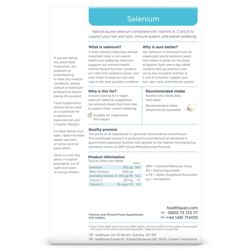 [Australia] - Healthspan Selenium | Highly absorbable | With Vitamin C, A & E | Support for hair, nails and skin health | Comprehensive support of the immune system & cell protection | Vegan | 240 tablets 