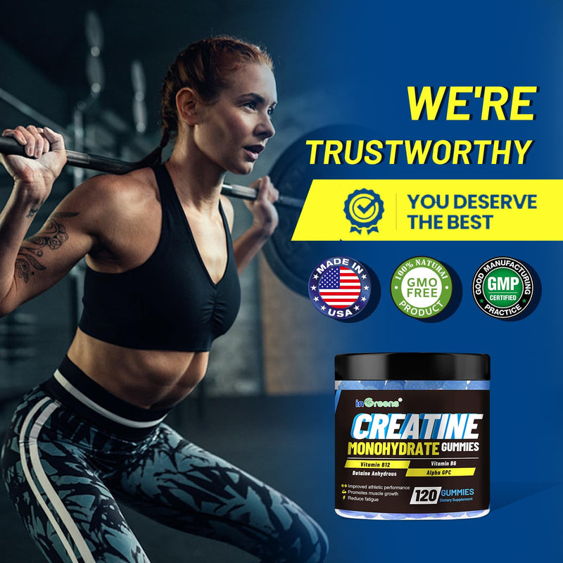 inGreens Creatine Gummies 6000mg, Creatine Monohydrate Gummies for Men & Women, Potent Creatine Supplement, Increase Strength & Build Muscle, Sugar Free, Mixberry Flavor, 120 Count