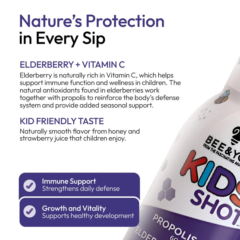 BEE and You Kids Immune Support Supplement, 100% Natural Propolis, Vitamin C, Elderberry, Raw Honey, Antioxidants, Alternative to Gummies, Great Taste, 12 Pack, 1.69 fl. oz Each