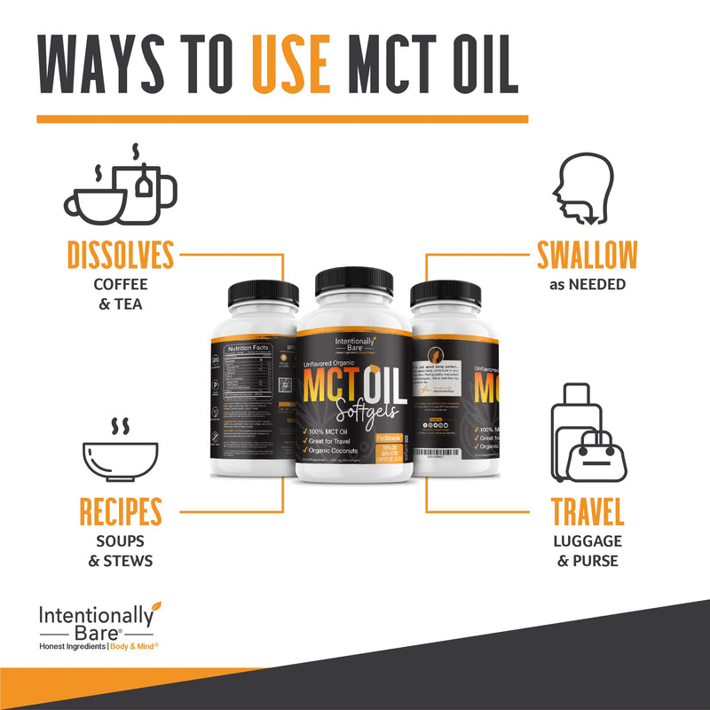 [Australia] - Intentionally Bare Organic MCT Oil Capsules - 70% C8 MCT Oil & 30% C10 MCT Capsules Unflavored for Keto Low Carb and Paleo Diet - Coconut C8 & C10 for Energy Mood & Focus - Non-GMO 300 Soft Gels 