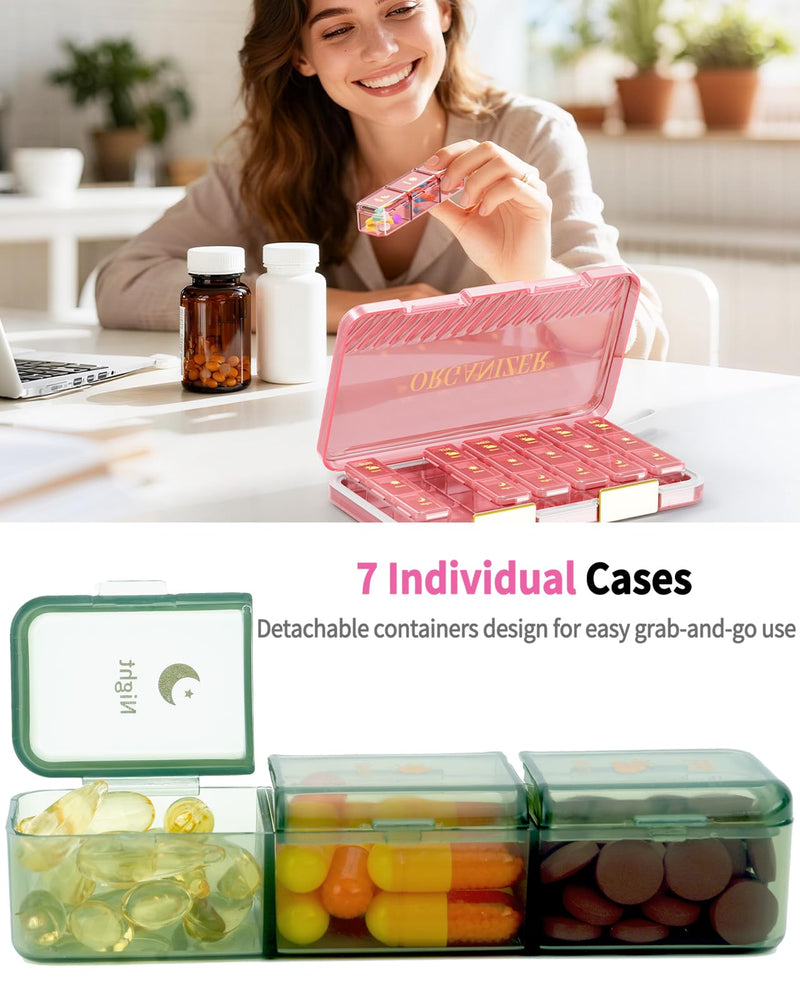 Weekly Pill Organizer 3X a Day, Large 7 Day Pill Box 3 Times a Day with 7 Compartments, Portable Travel Daily Pill Box for Medication, Vitamins, Fish Oil and Supplements, Green Luxury Green