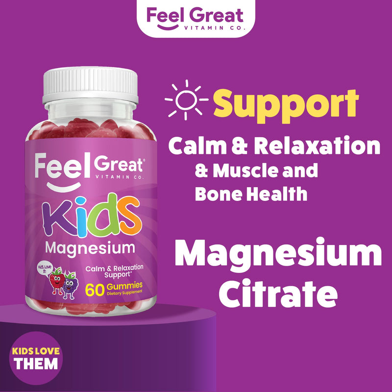 Feel Great Kids Magnesium Citrate Gummies, Calm Support, 60 Count | Magnesium Citrate for Calm Support, Natural Berry Flavor, Ages 4+, Kids Gummy