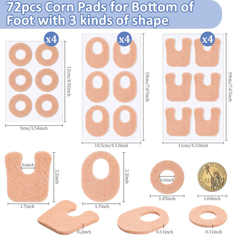 [Australia] - Shynek 72 Pcs Callus Pads, 3 Model Felt Callus Cushions for Bottom of Foot Self Adhesive Foot Corn Pads for Men and Women Reduce Foot and Toes Pain Relief, U Shaped, Oval Shape & Round Shape, Beige 