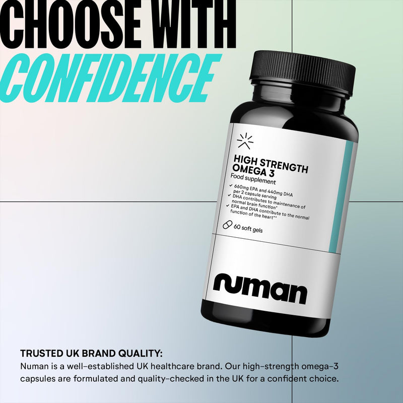 Numan High Strength Omega 3 Fish Oil Capsules - 1000mg Omega-3 with EPA and DHA - Supports Normal Heart and Brain Function - Premium Oil Softgels Gym Supplements