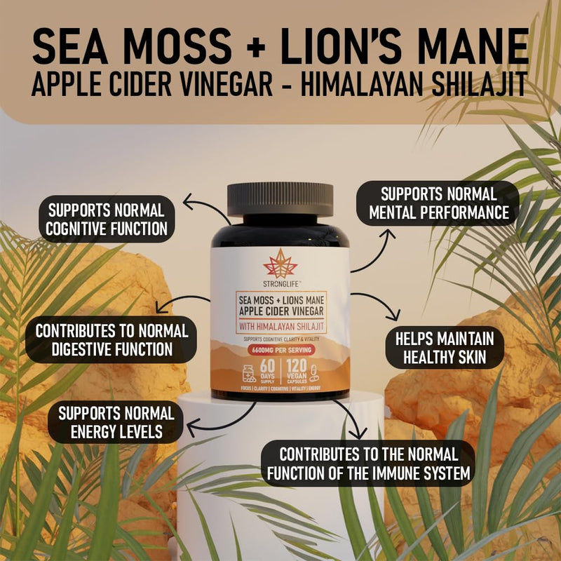 Lions Mane & Sea Moss & Apple Cider Vinegar Capsules - Brain, Gut & Immune Support - Brain Food for Brain Fog - 120 Capsules - 60 Day Supply