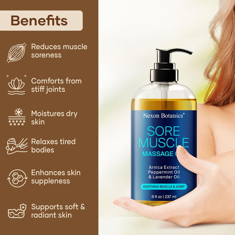 [Australia] - Sore Muscle Massage Oil 8 fl oz - Body Massage Oil for Massage Therapy - Peppermint, Lavender, Arnica Oil for Pain Relief, Muscle Relaxing - Nexon Botanics Sore Muscle 