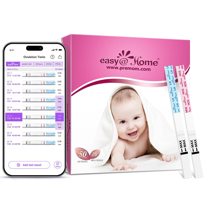 [Australia] - Easy@Home Ovulation Test 50 LH Test Strips 25mIU/ml 20 Pregnancy Test 10mIU/ml - Precise Fertility Monitoring with Premom App 
