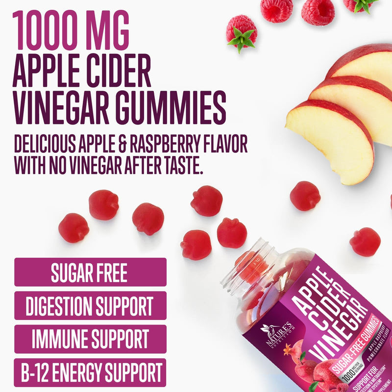 Apple Cider Vinegar Gummies 1000mg per Serving - Sugar Free Max Strength ACV Gummy Vitamins Supplement, Advanced Formula, Vitamin B12 Supports Metabolism & Energy, Keto Friendly, Vegan, 60 Gummies 60 Count (Pack of 1)