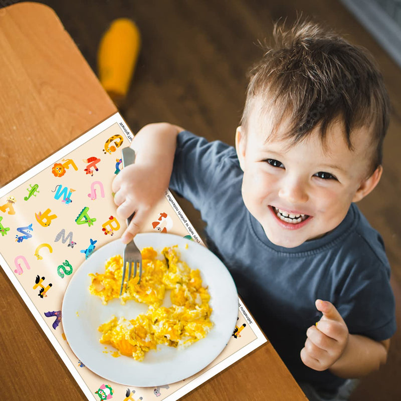 Disposable Stick-on Placemats for Baby&Toddler&Kids,Placemats That Sick on Dining Table at Family、Restaurant and Travel,Toddler placemat,40 Pack 12x18in Alphabet Animals Waterproof Table Mat