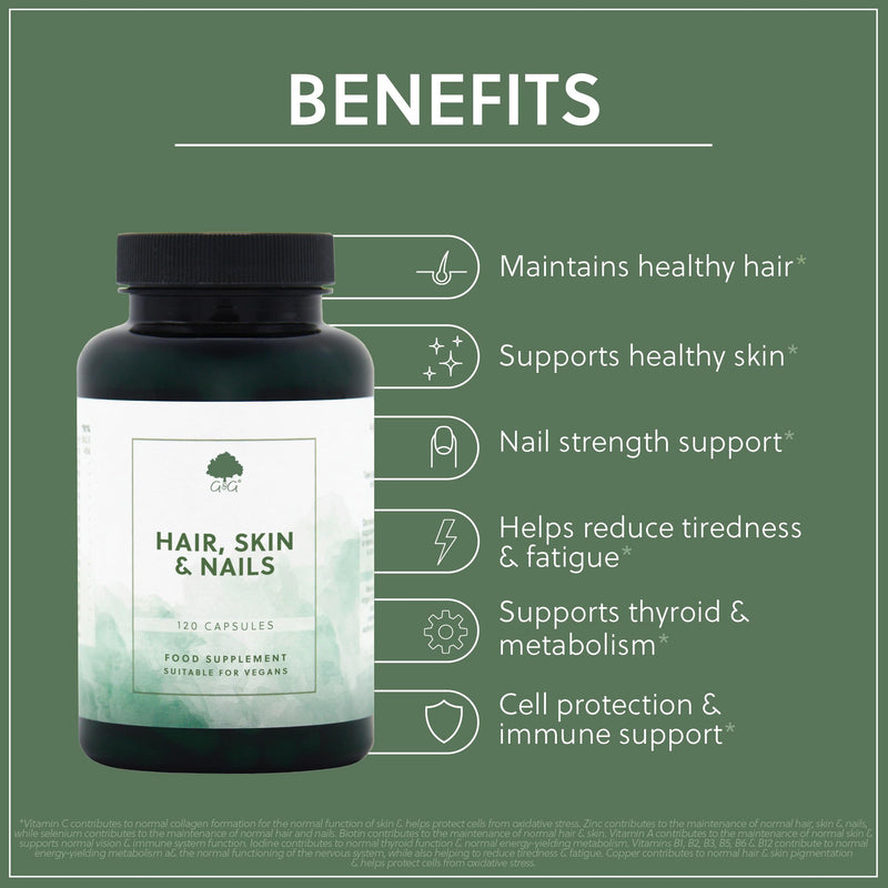 G&G Vitamins Hair, Skin & Nails - Vegan Beauty Supplement - 120 Capsules - Non-GMO, Made in the UK