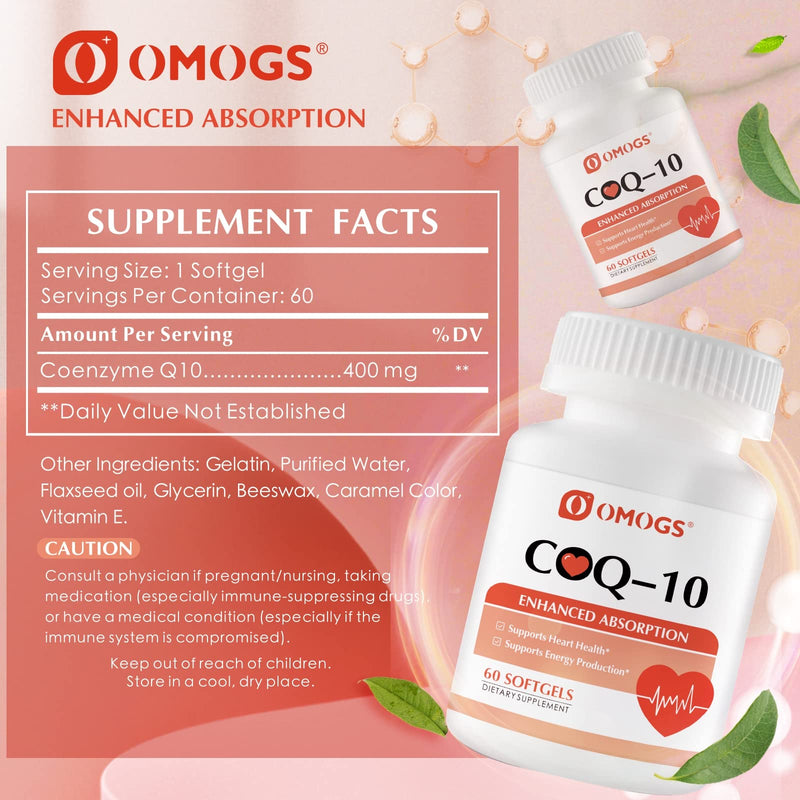 [Australia] - CoQ10 400mg Softgels, Coenzyme Q10 High Absorption Supplements Support Heart Health, Cardiovascular Health, Immune System & Cellular Energy Production, Gluten Free, 60 Softgels 